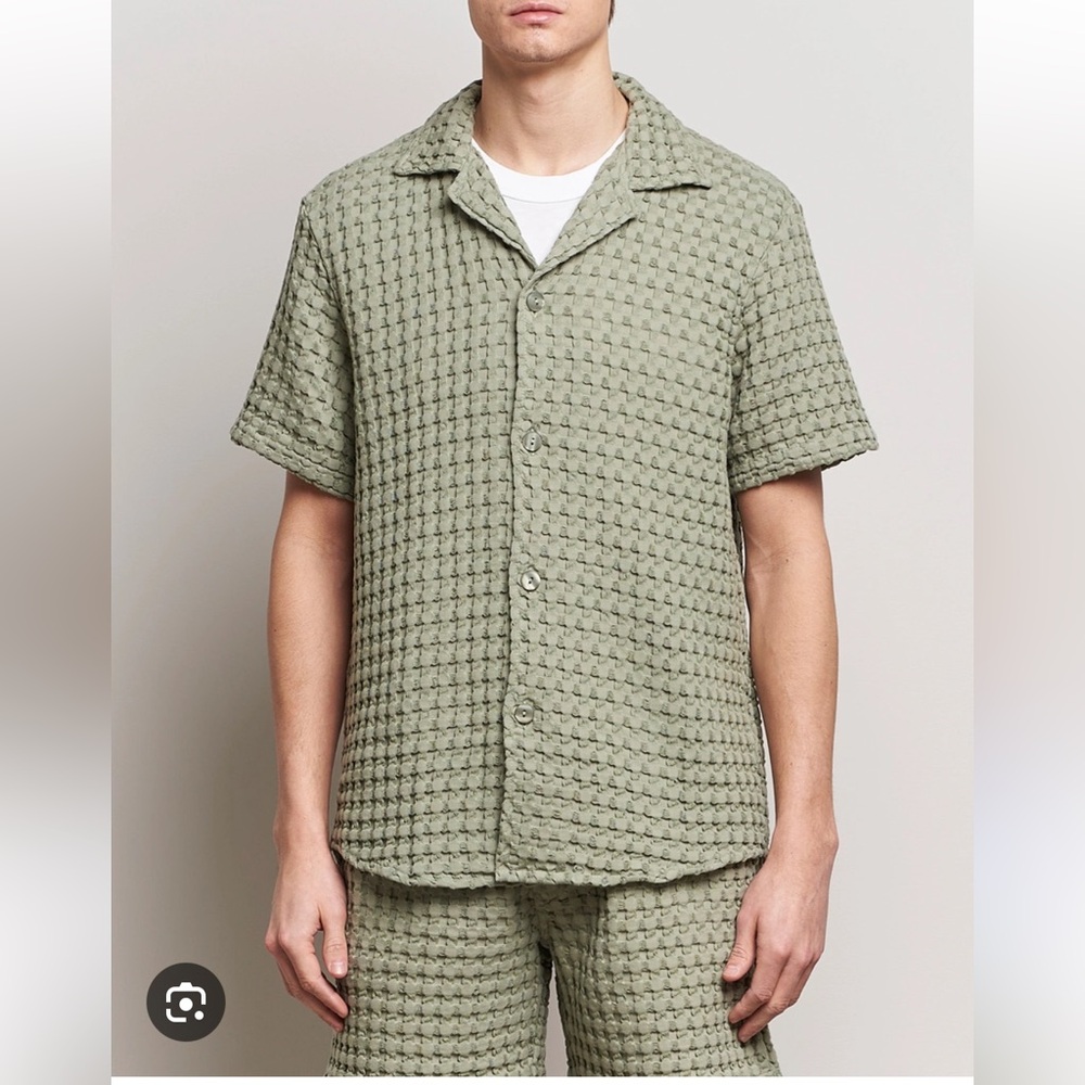 OAS Dusty Green Cuba Waffle Shirt Polo Top Short Sleeve Button down textured NWT